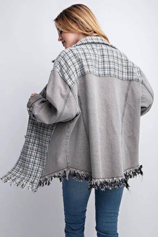 Sweet Generis Fringe Hem Tweed Mixed Denim Jacket