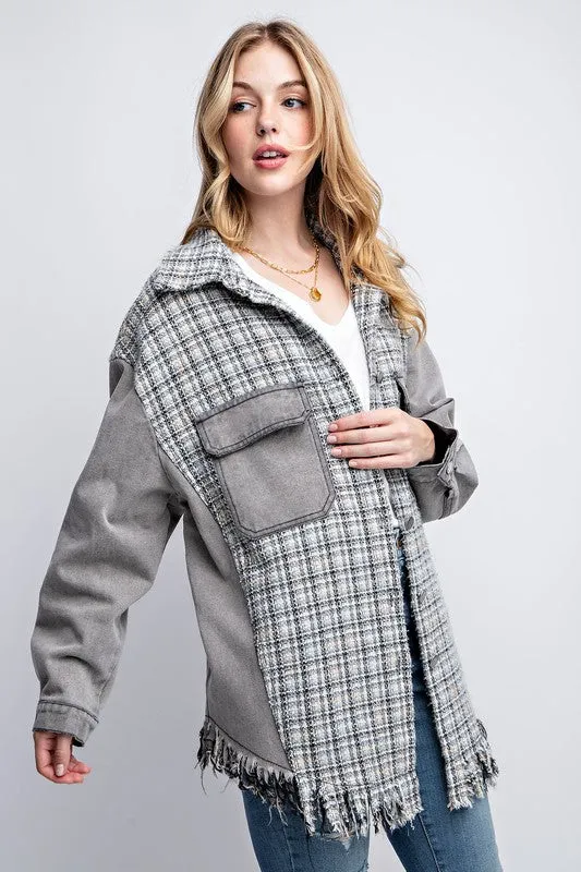Sweet Generis Fringe Hem Tweed Mixed Denim Jacket