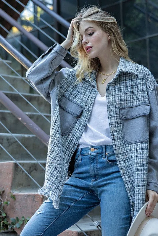 Sweet Generis Fringe Hem Tweed Mixed Denim Jacket