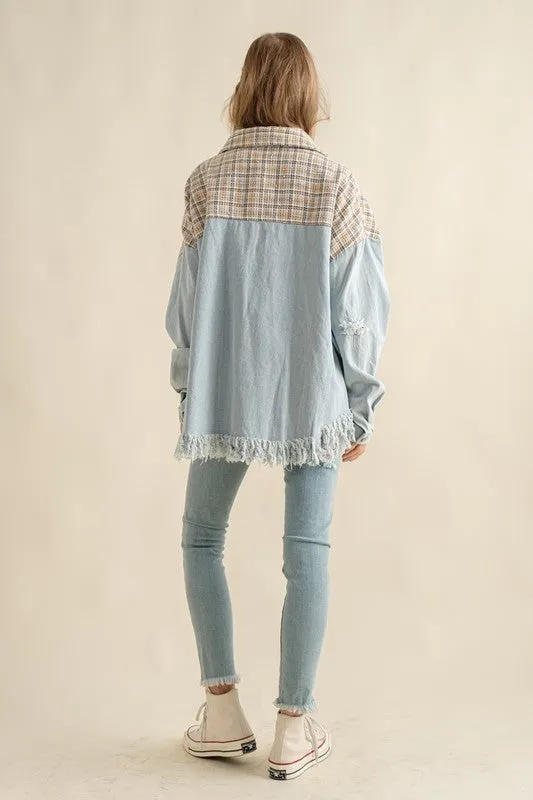 Sweet Generis Fringe Hem Tweed Mixed Denim Jacket