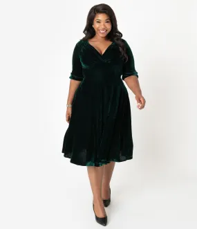 Unique Vintage Plus Size 1950s Emerald Green Velvet Delores Swing Dress with Sleeves