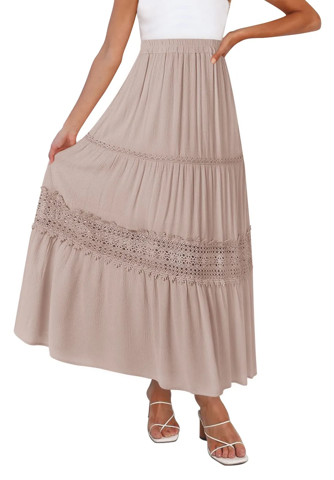 ZESICA Bohemian Solid Color Lace Trim Flowy Maxi Skirt